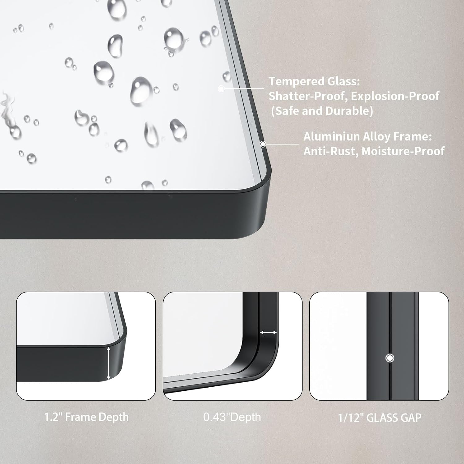 55x30 Inch Matte Black Tempered Glass Bathroom Mirror