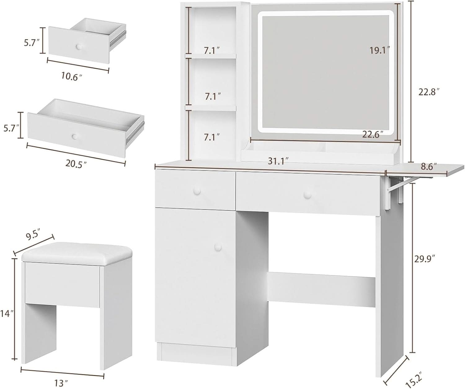 White Vanity Desk With Integrated Illumination Mirror