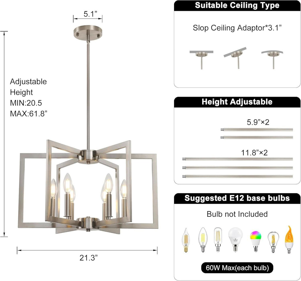 6 Light Brushed Nickel Geometric Chandelier Kitchen