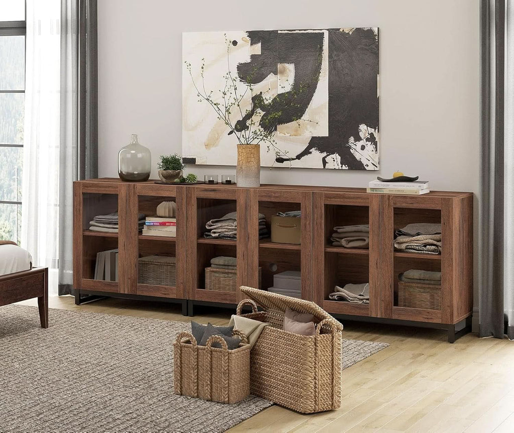 Brown Tempered Glass Doors TV Stand With Shelving Units
