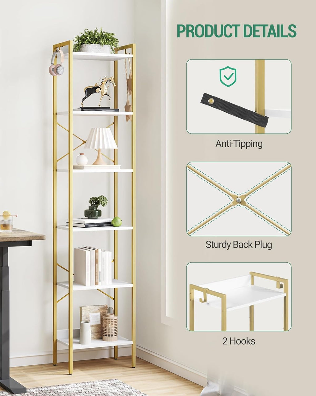 White Gold Space-Saving 6-Tier Narrow Bookshelf Unit