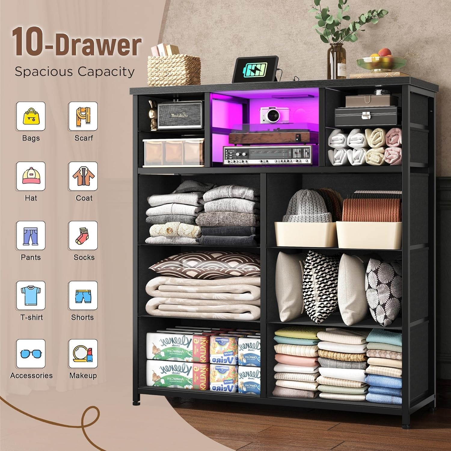 Black Dresser With Integrated Ultra Bright LED Lighting