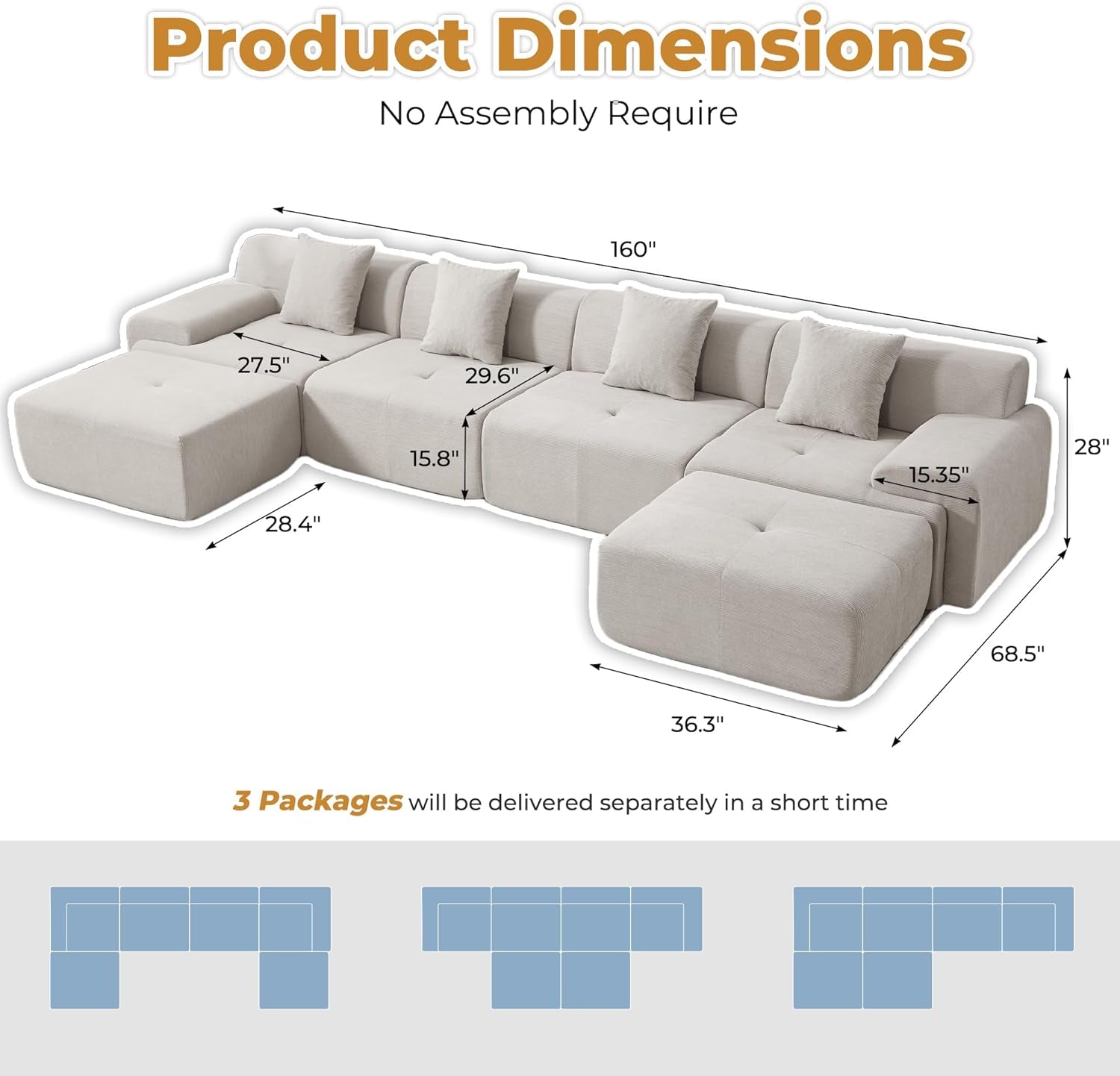 160-Inch U-Shaped Modular Sectional Sofa Camel Ottoman