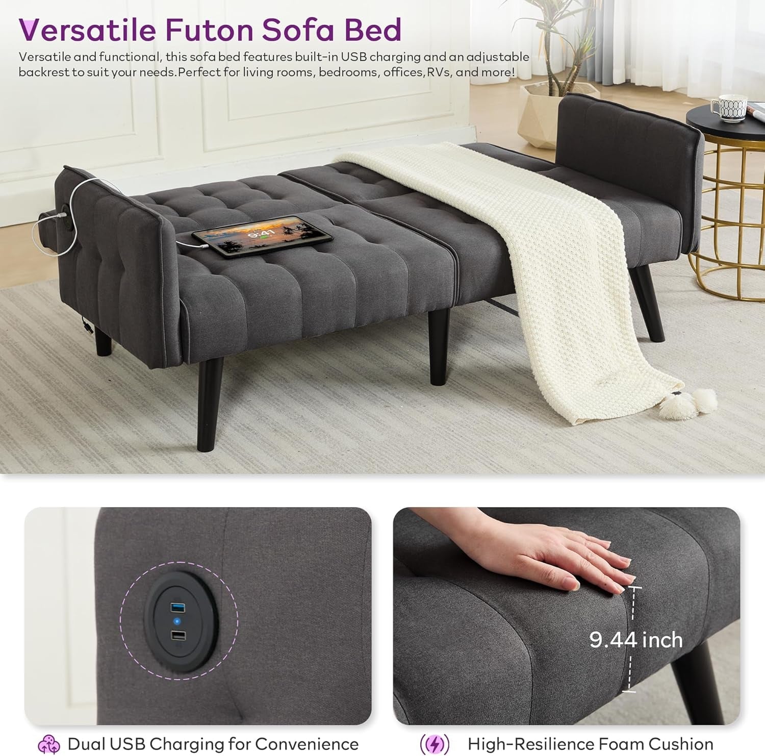 65 Inch Charcoal Grey Upholstered Convertible Sleeper Sofa