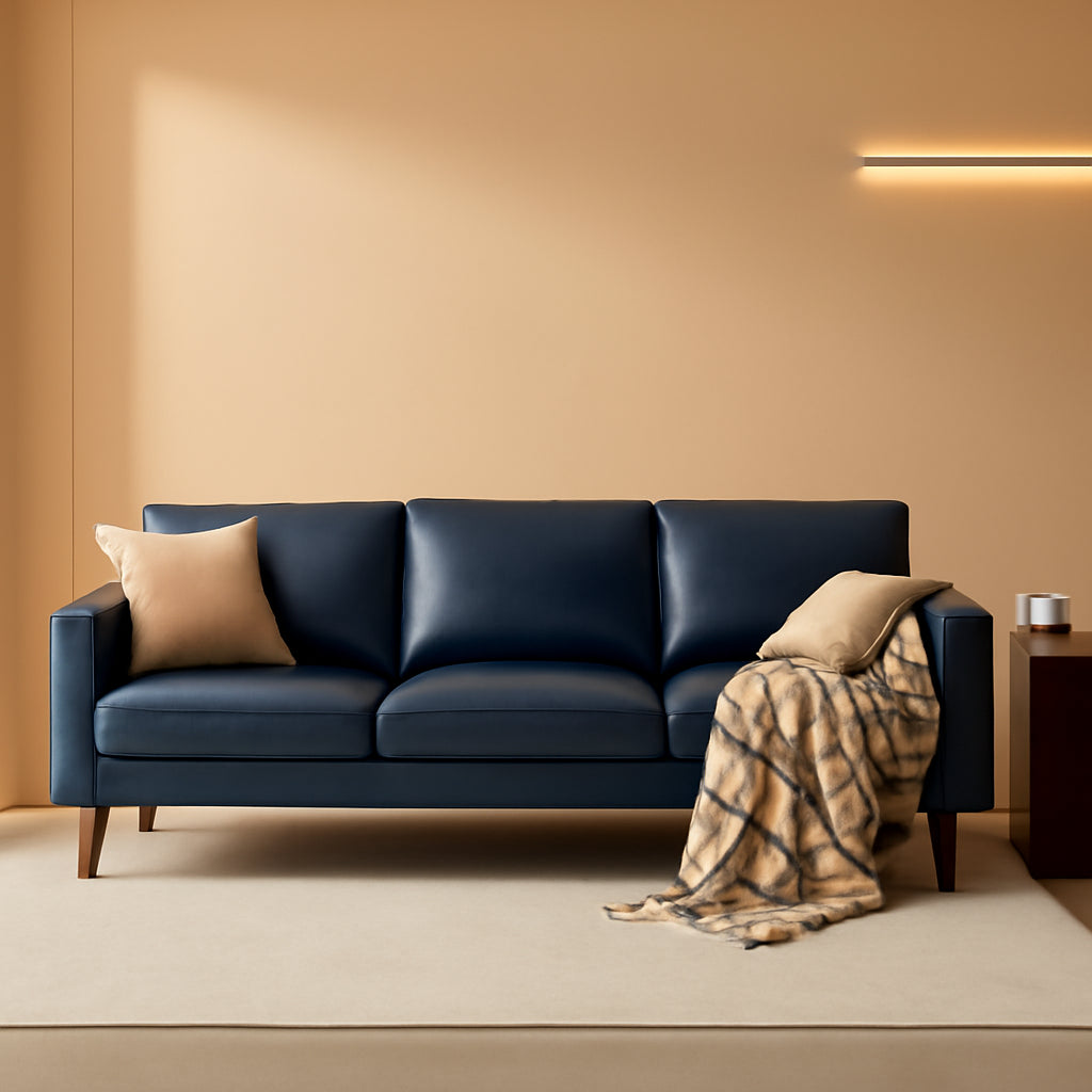 Mid Century Modern Faux Leather Sofa 91Inch Navy Blue