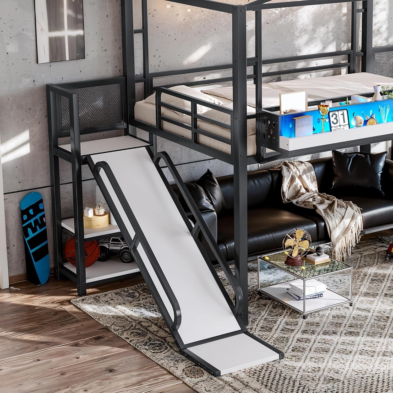 Industrial Grade Metal Loft Bed Multicolor LED Lighting