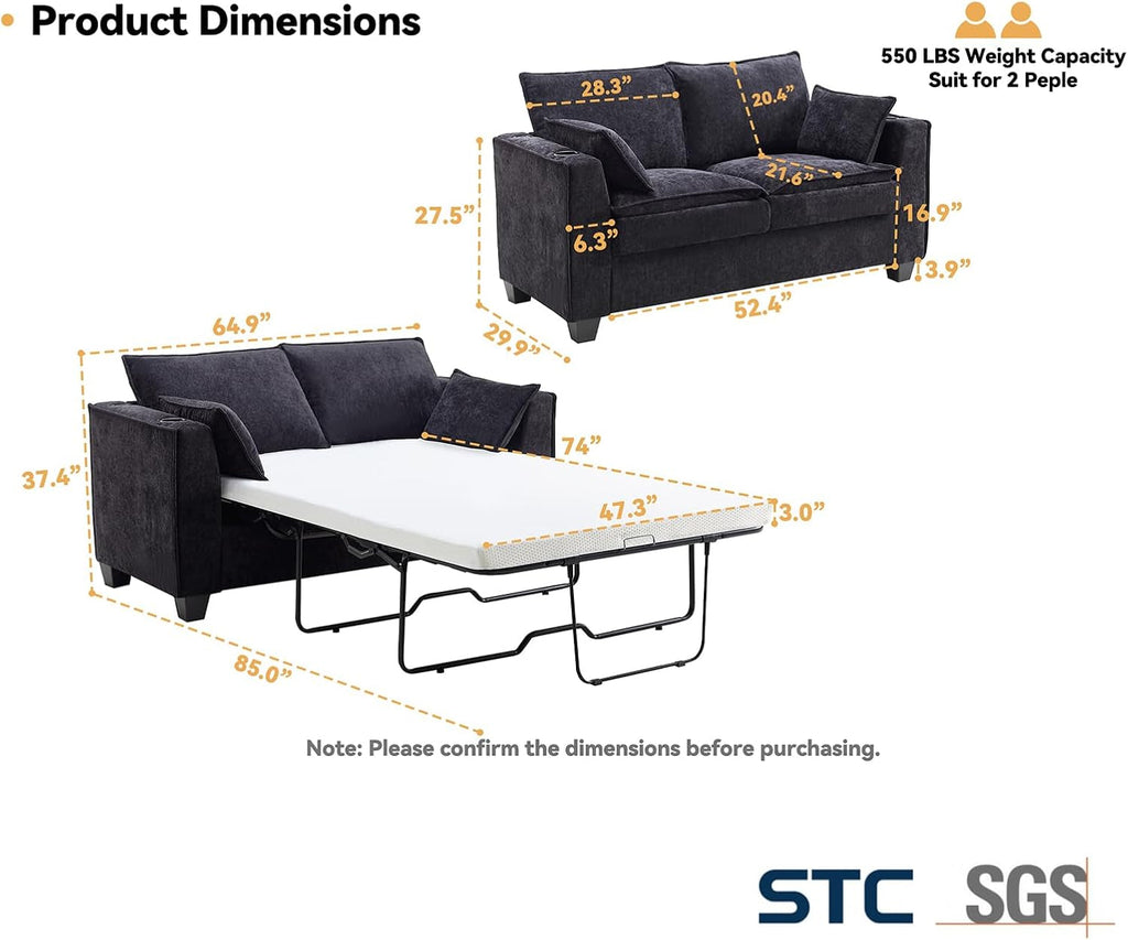 65 Inch Transformable Sofa Bed Memory Foam Mattress