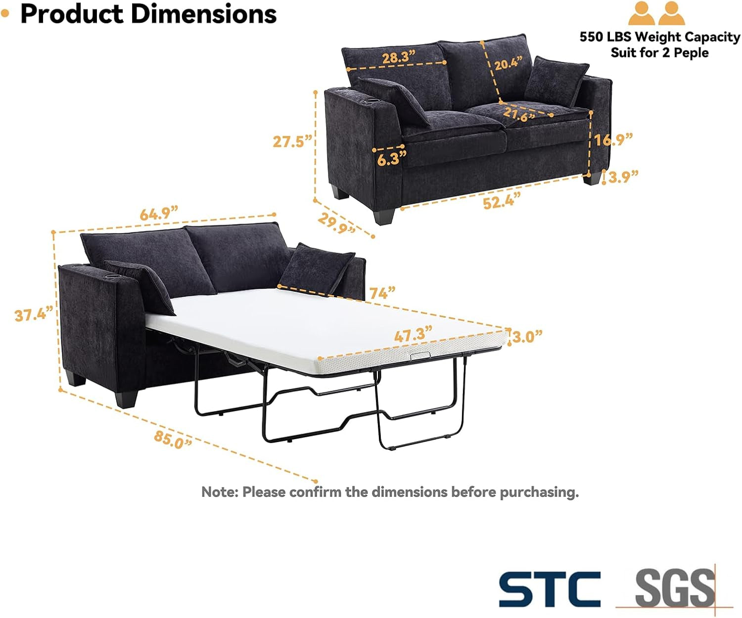 65 Inch Transformable Sofa Bed Memory Foam Mattress
