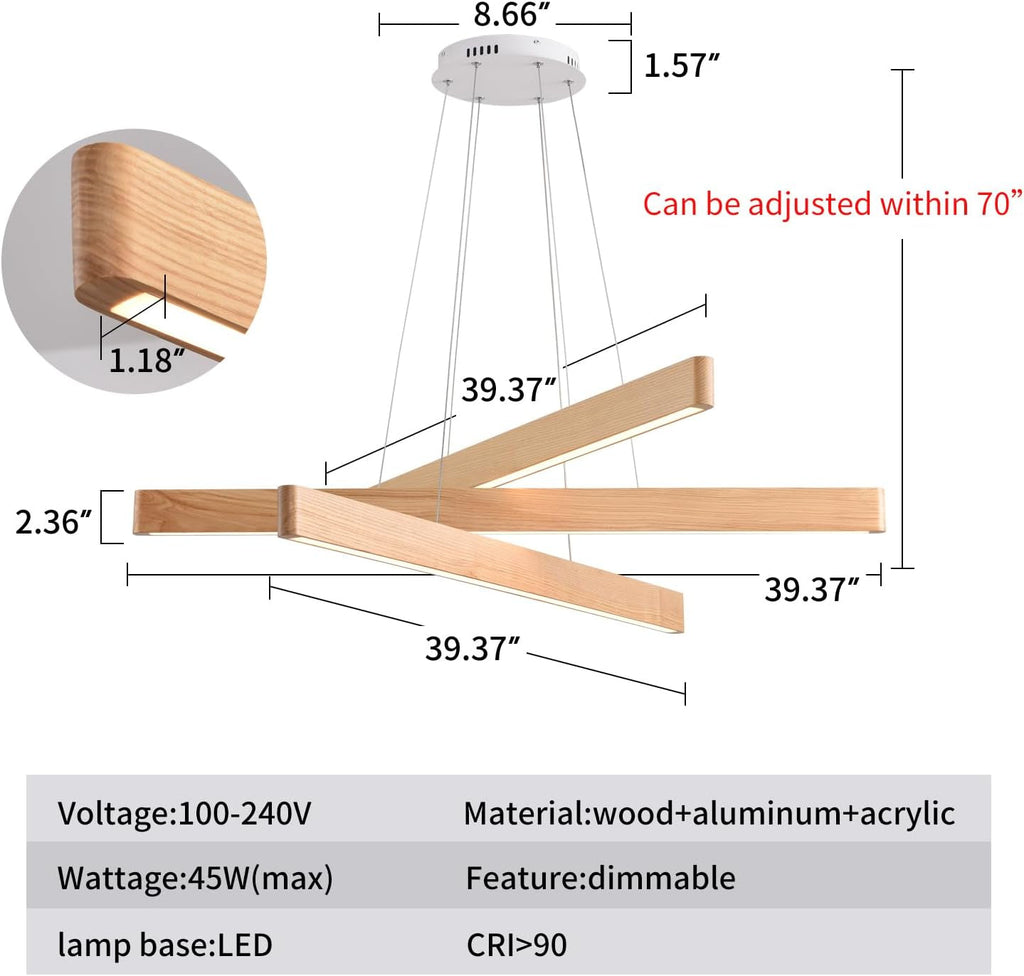 Hand crafted Premium Solid Ash Wood Three Light Pendant