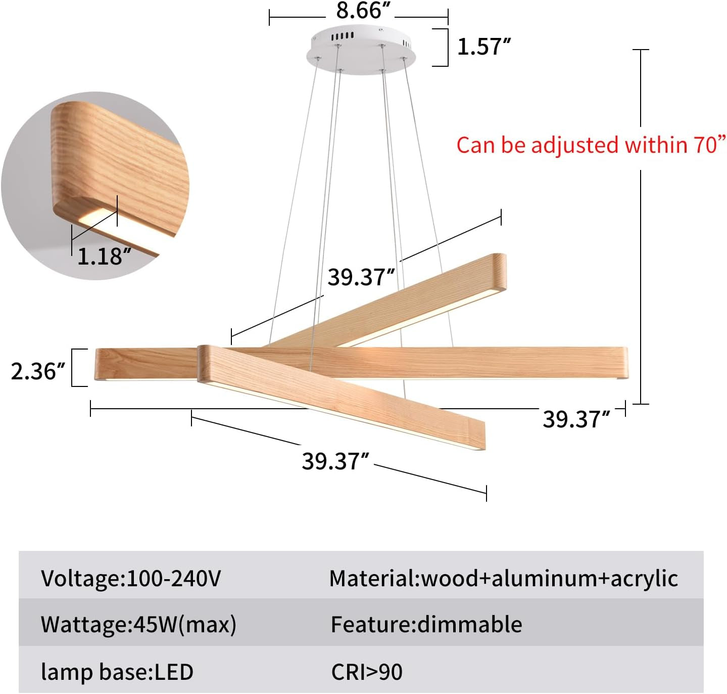 Hand crafted Premium Solid Ash Wood Three Light Pendant