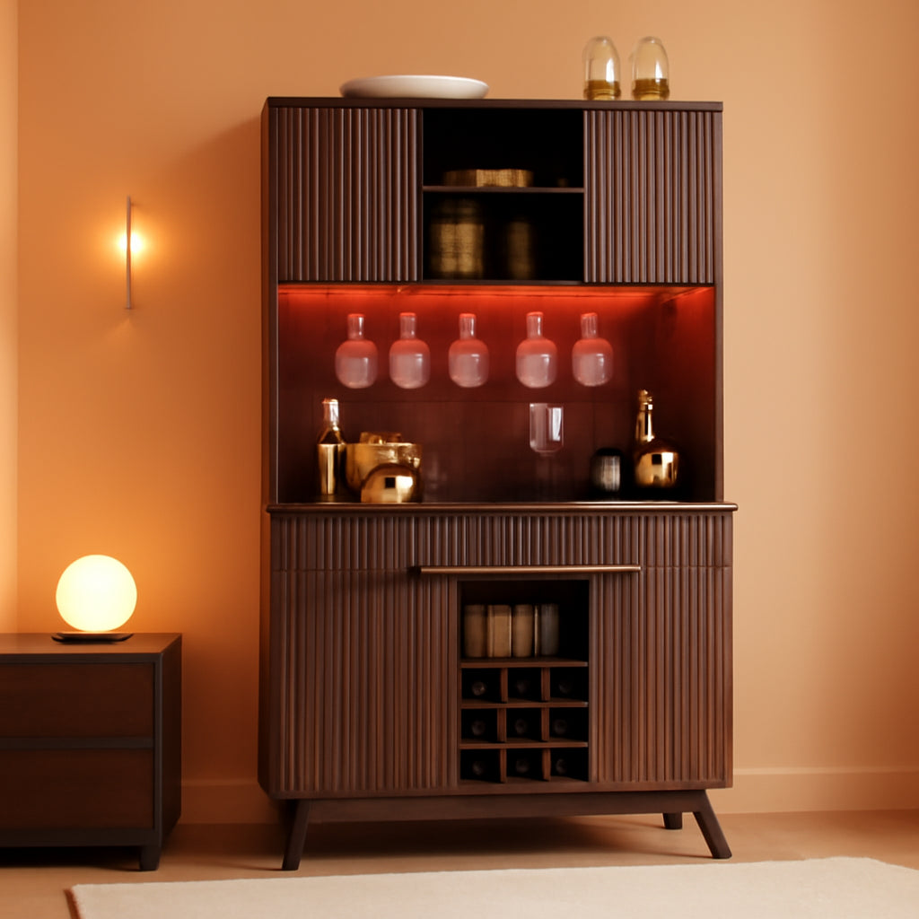 72 Inch Walnut Finish Wine Cabinet Illuminating Display