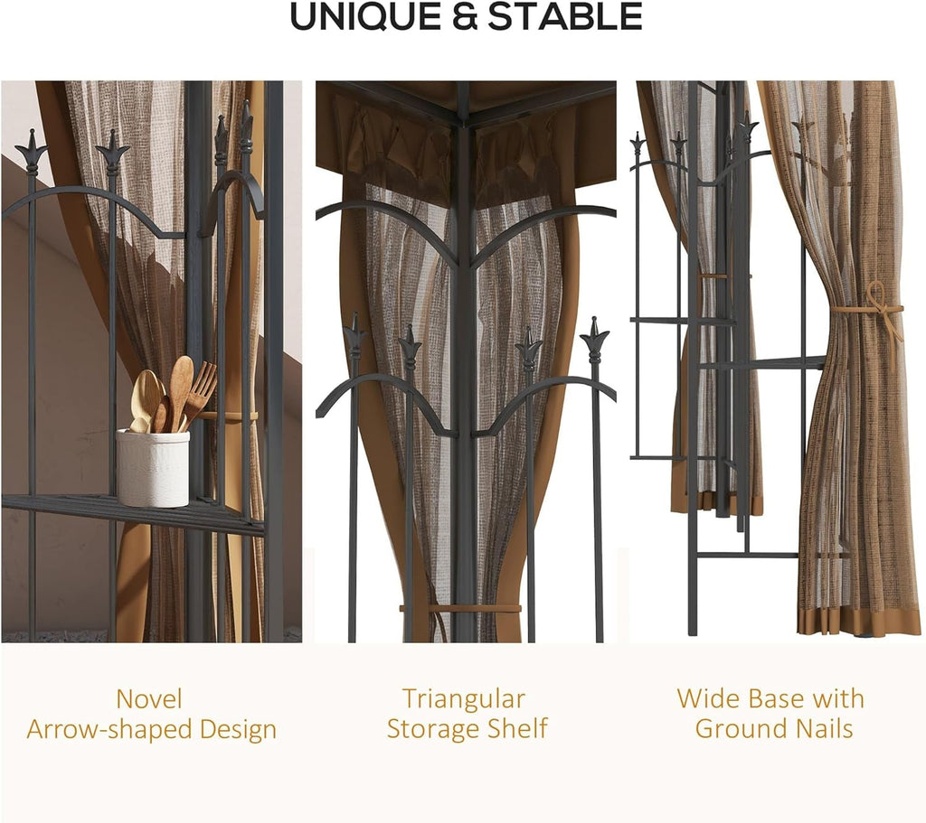 10x12 Brown Patio Gazebo Weather Resistant With Corner Shelves