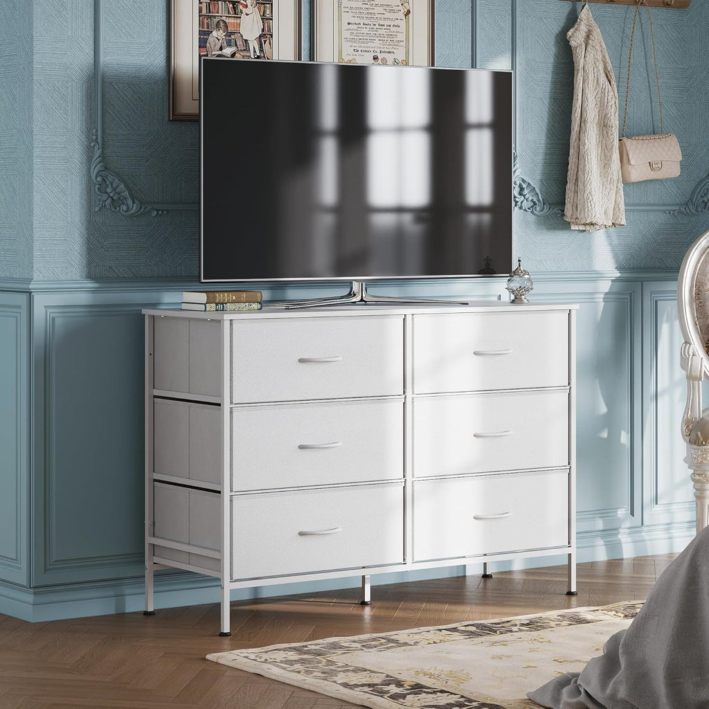 White Engineered Wood Dresser With Six Fabric Drawers