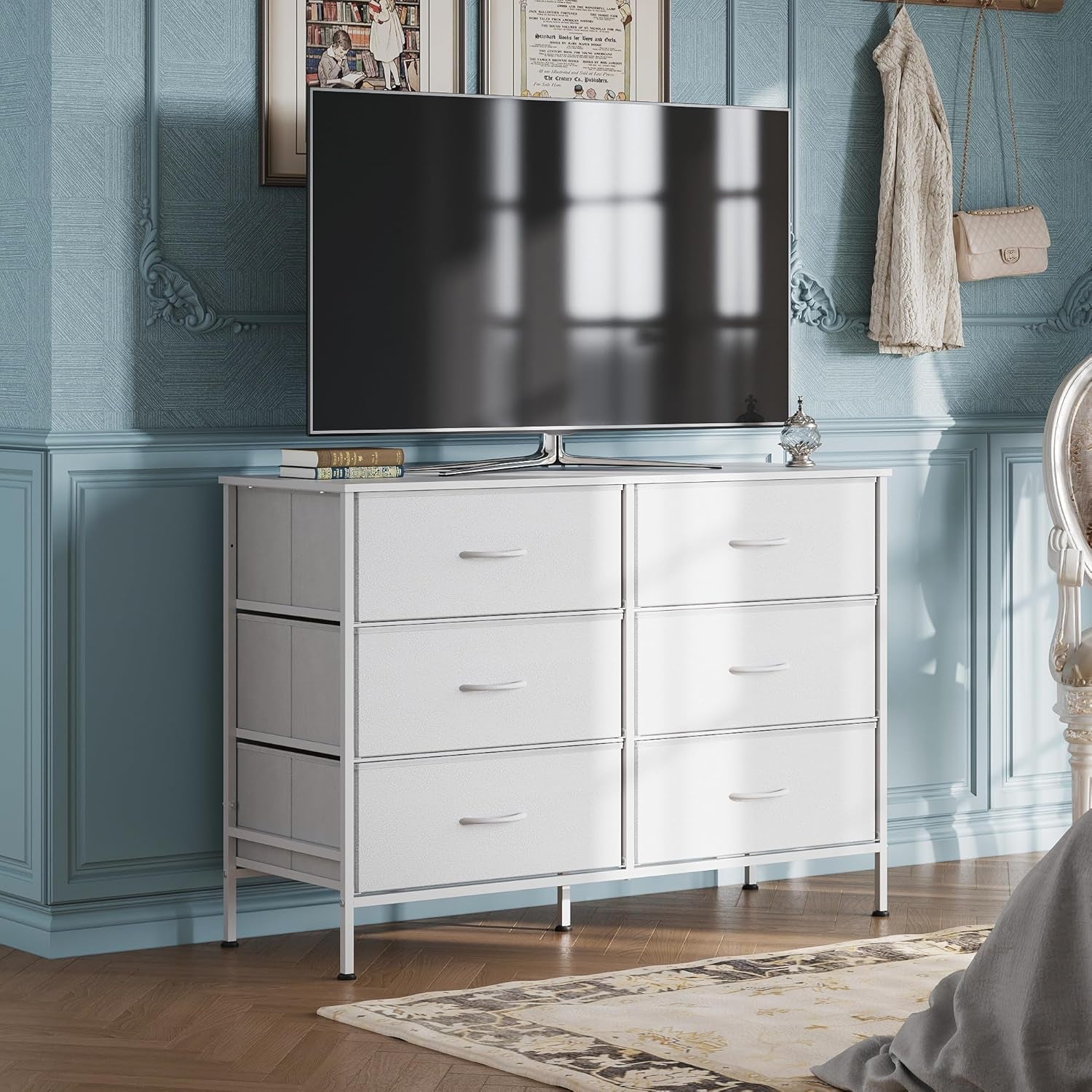 White Engineered Wood Dresser With Six Fabric Drawers