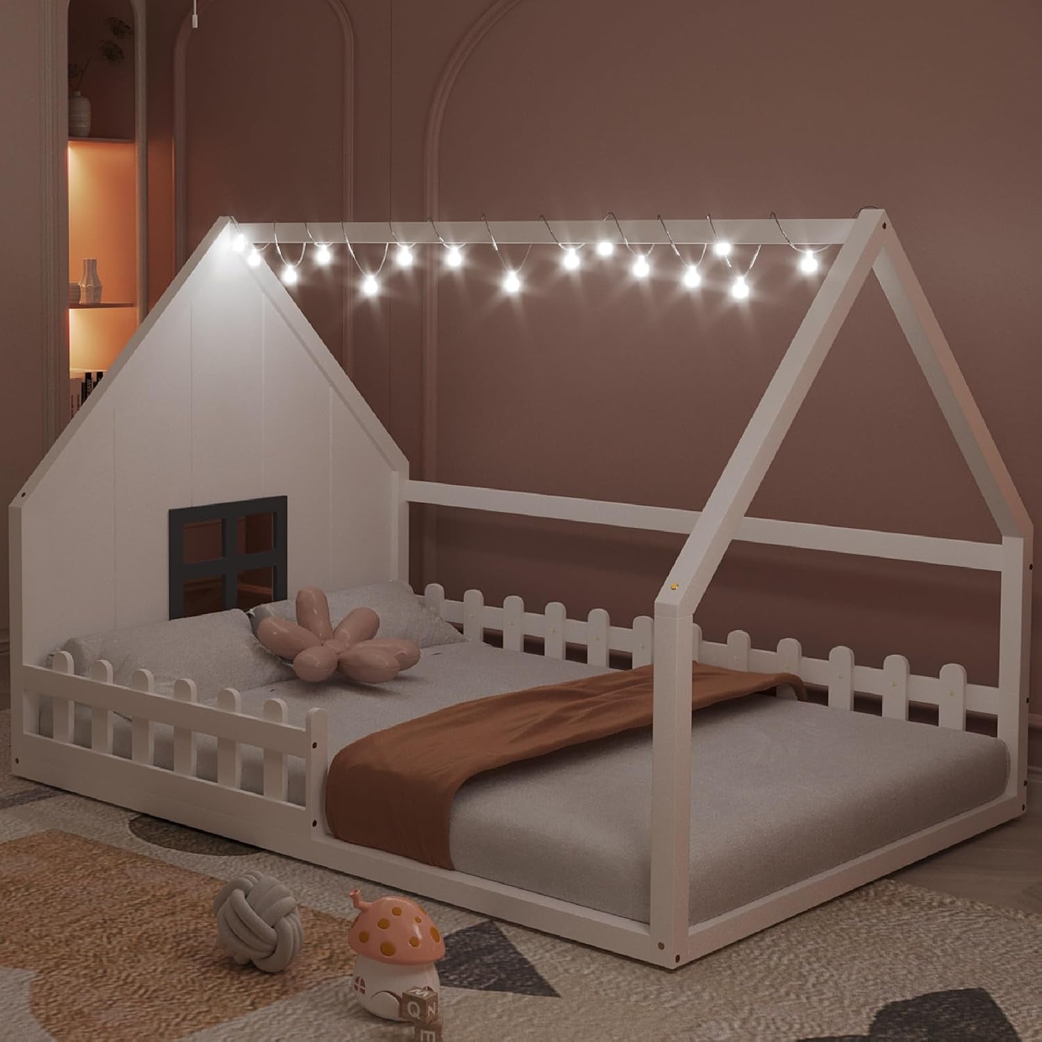 Full Size Montessori Floor Bed LED Illuminated White