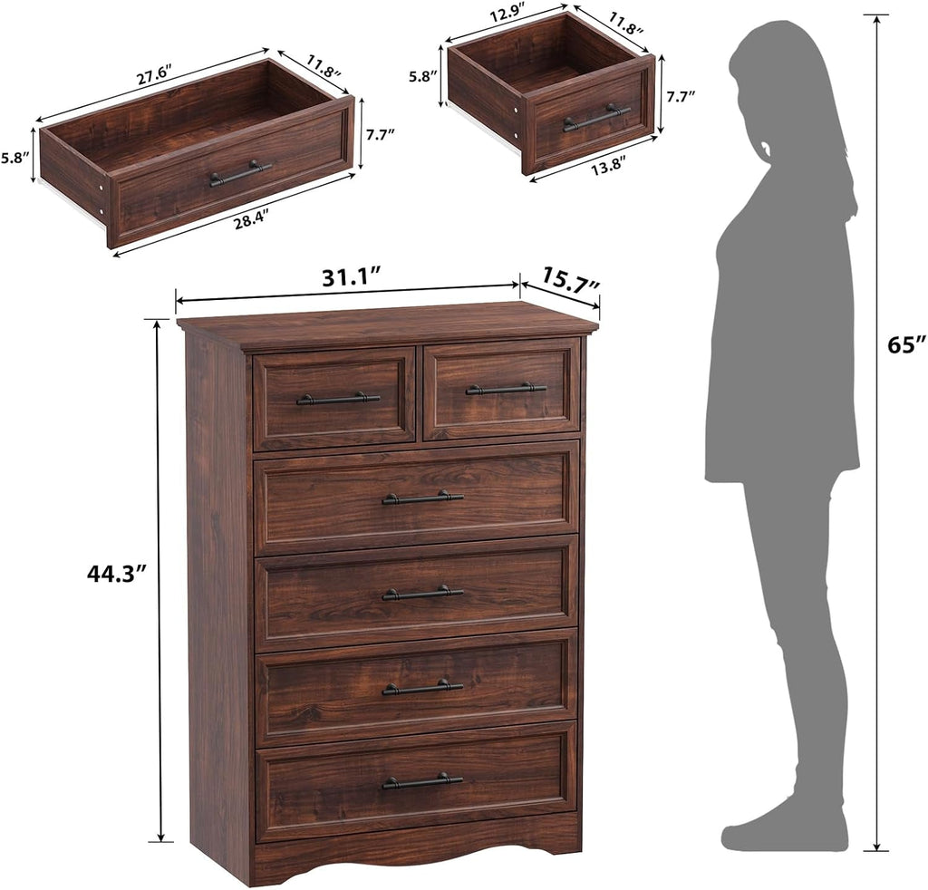 Walnut Farmhouse Chic Dresser 44 Inches Six Drawers