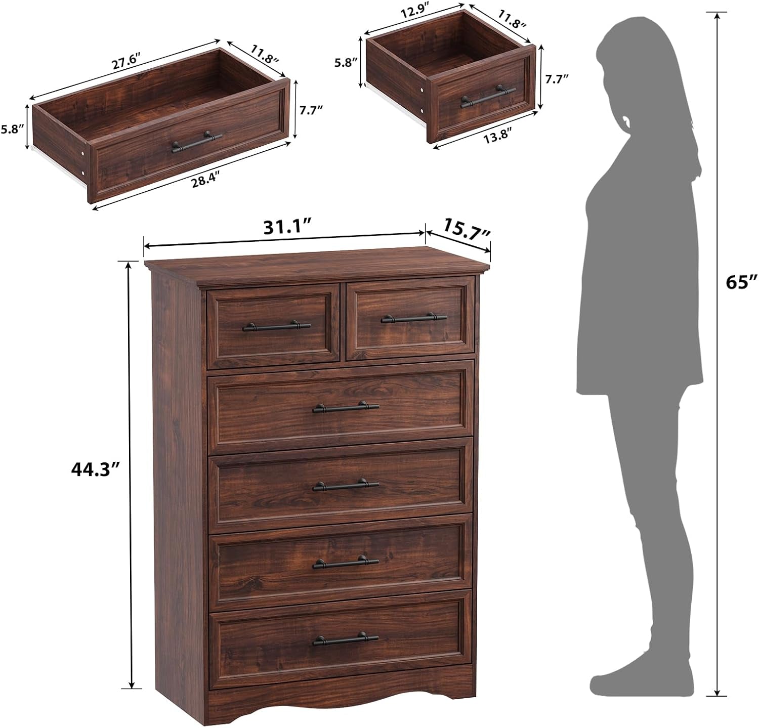 Walnut Farmhouse Chic Dresser 44 Inches Six Drawers