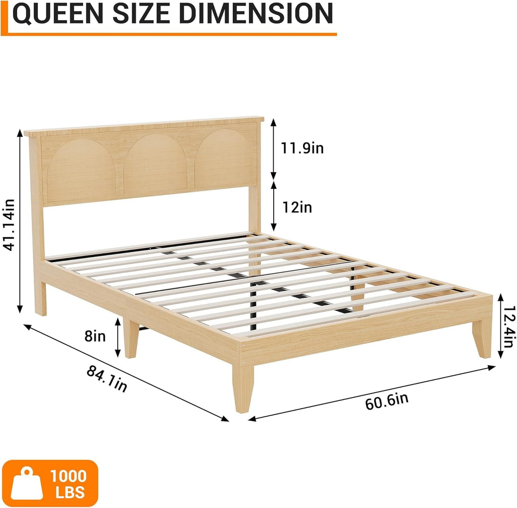 Natural Rattan Platform Bed Queen Headboard LED Underbed