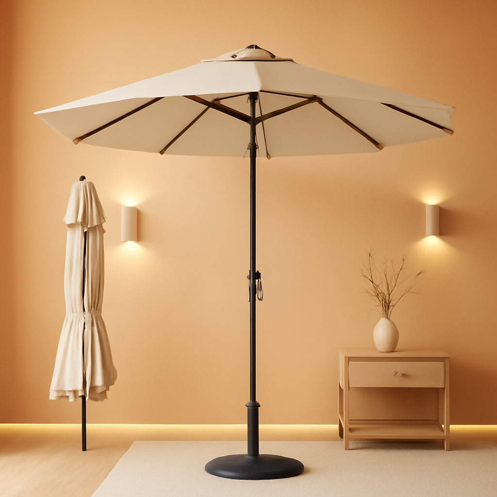 Beige 9ft Patio Umbrella Tilt Crank UV Resistant Coat