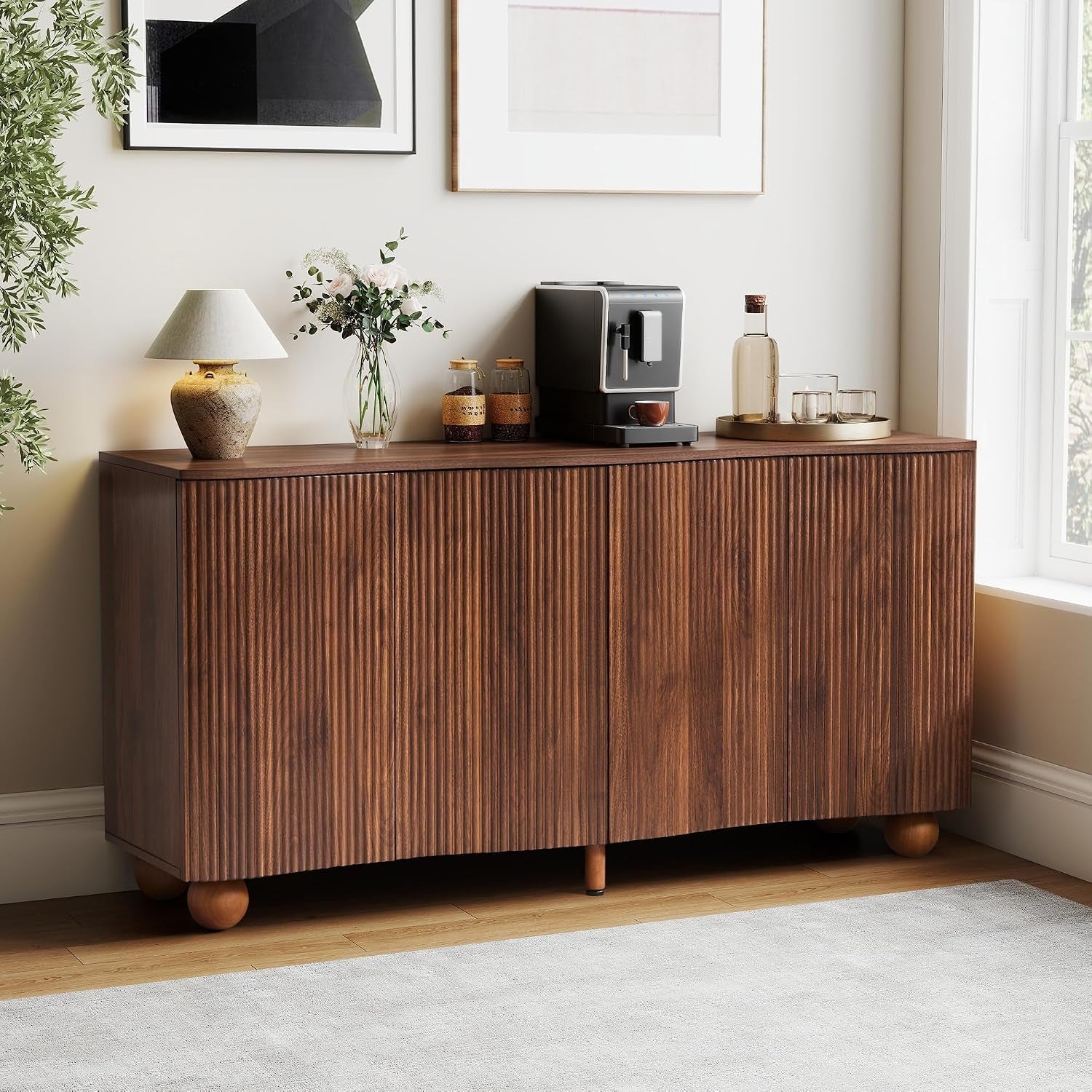 58 Inches Walnut Fluted Sideboard Buffet Cabinetry