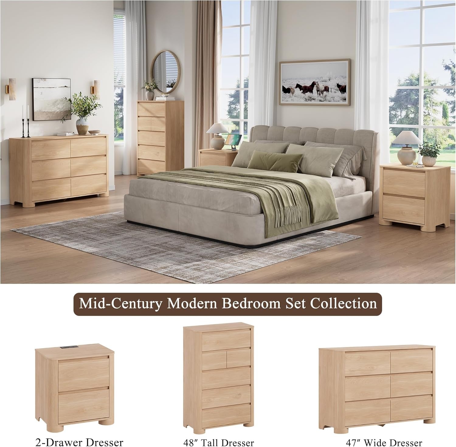 Natural Oakwood Six Drawer Dresser Rounded Corners