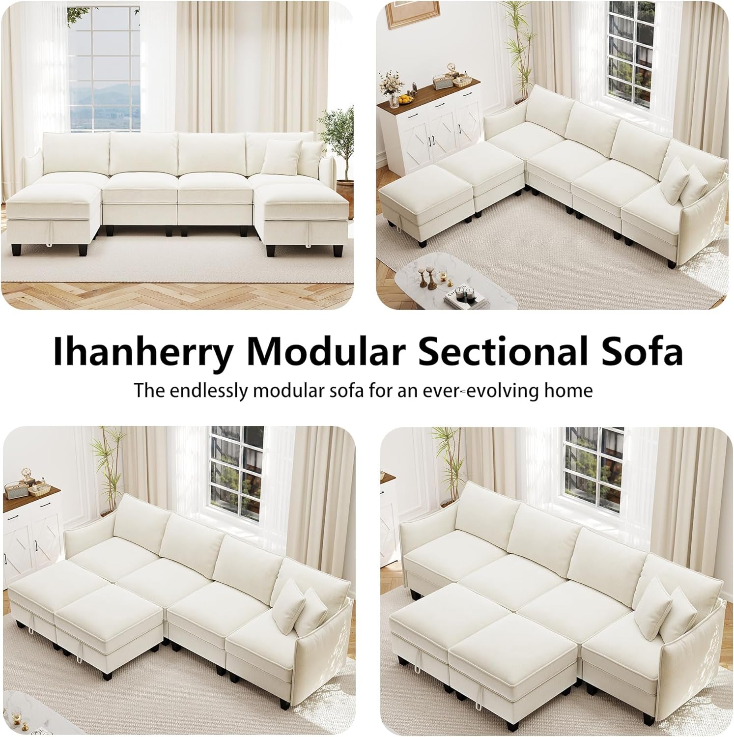 112-Inch Modular U-Shaped Sectional Beige Sofa Ottomans