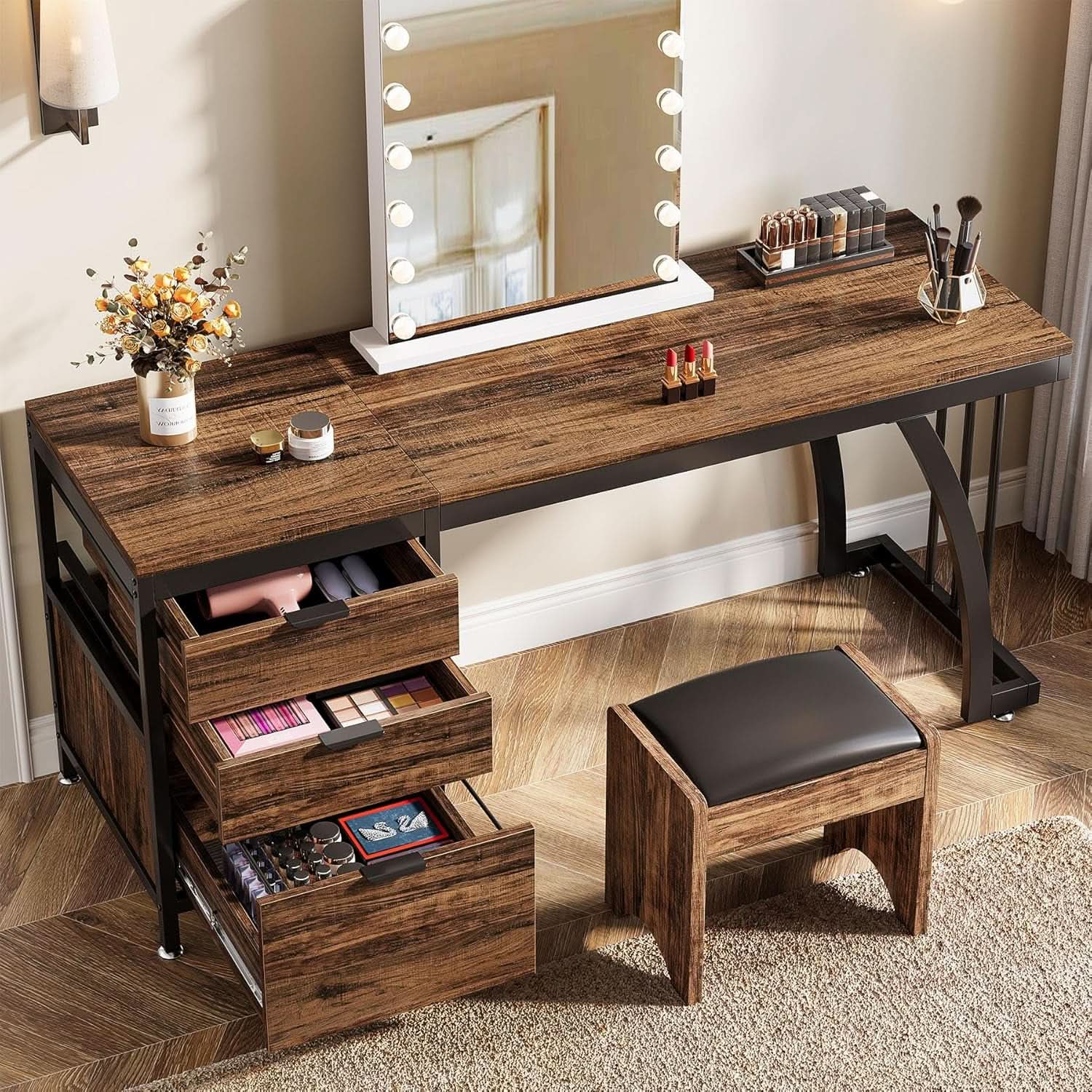 59-Inch Vanity Desk Reversible Drawers Rustic Brown