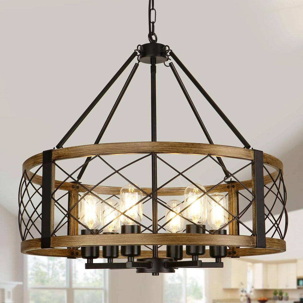 Six Light Walnut Wood Grain Finish Farmhouse Chandelier