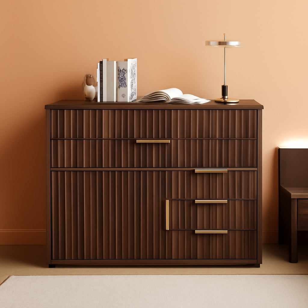 Fluted Lockable File Cabinet Five Drawers Walnut Finish