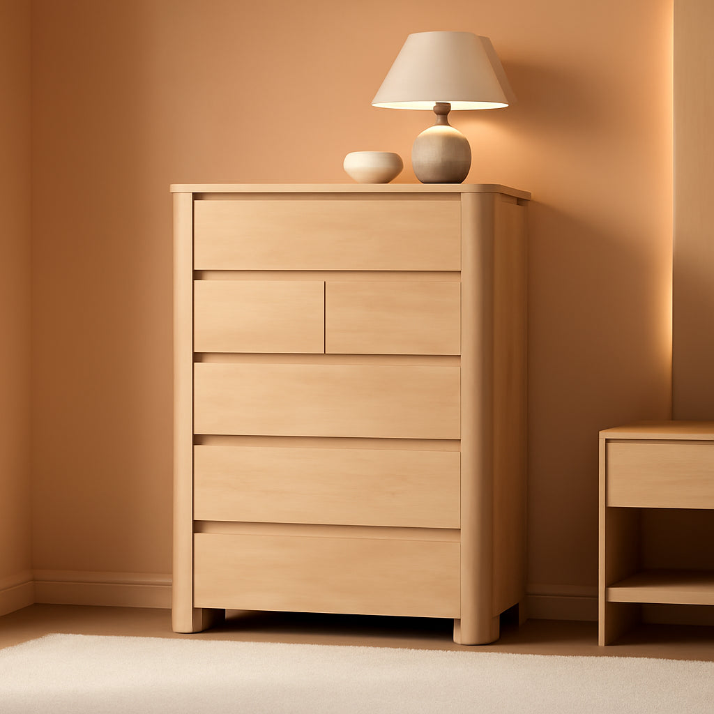 Natural Oakwood Six Drawer Dresser Rounded Corners