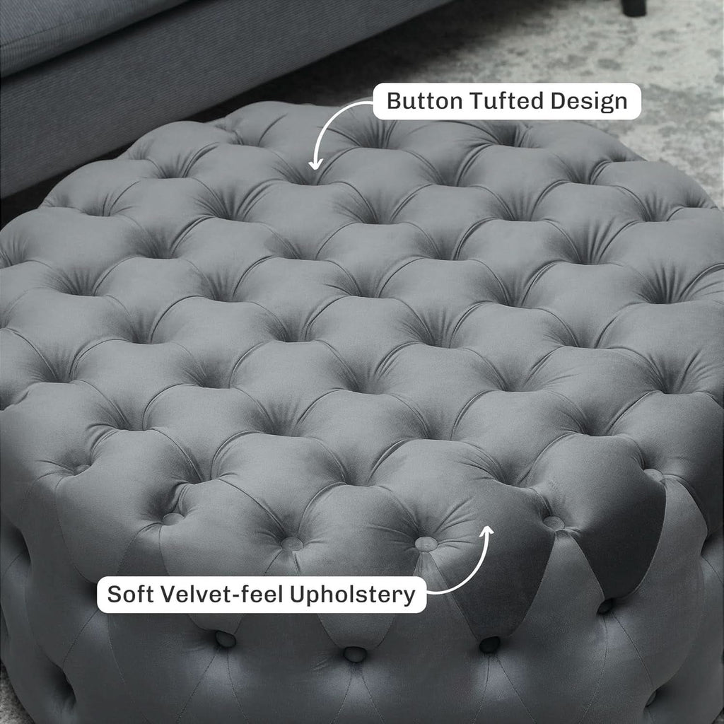 31.5 Inch Round Dark Gray Velvet Button Tufted Ottoman