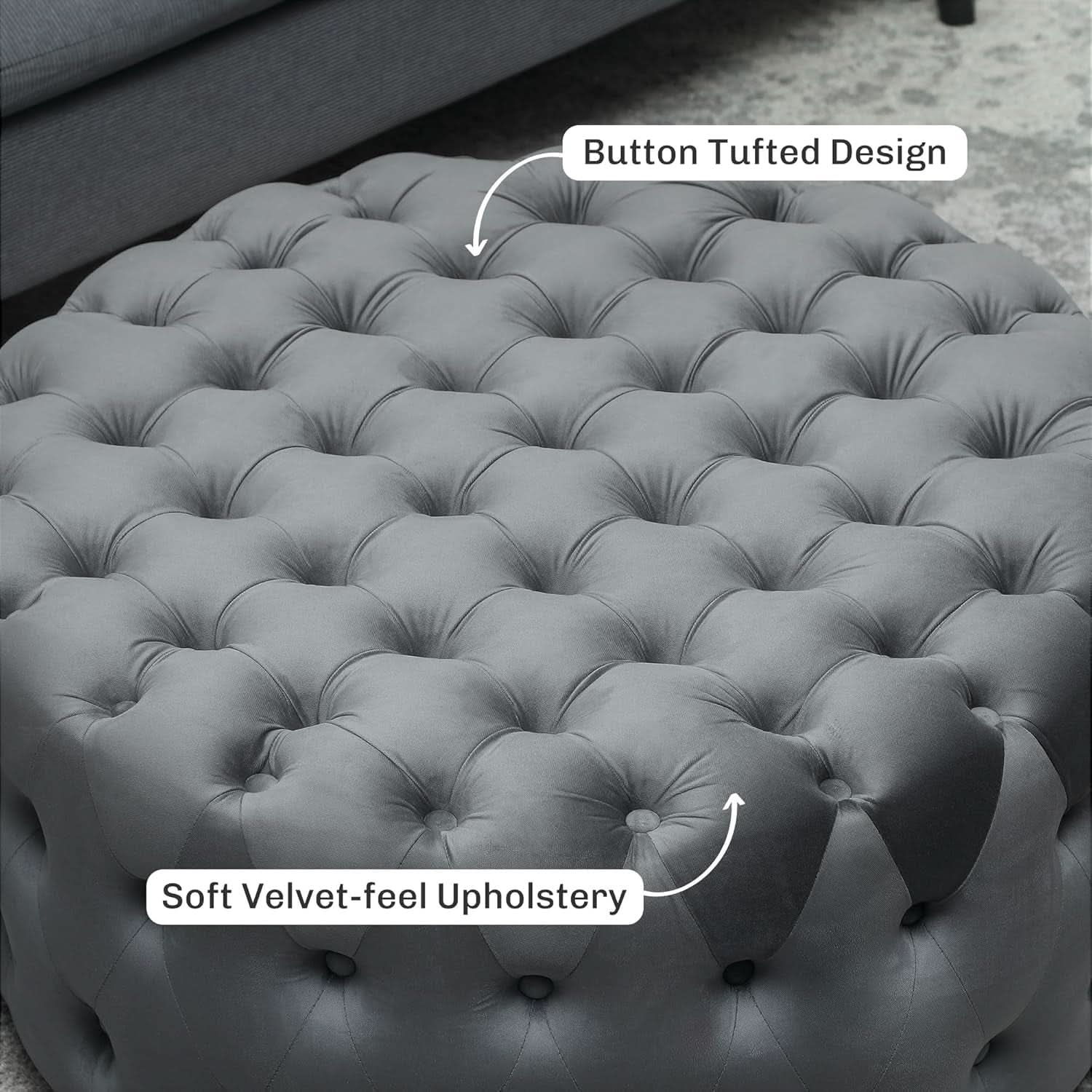 31.5 Inch Round Dark Gray Velvet Button Tufted Ottoman