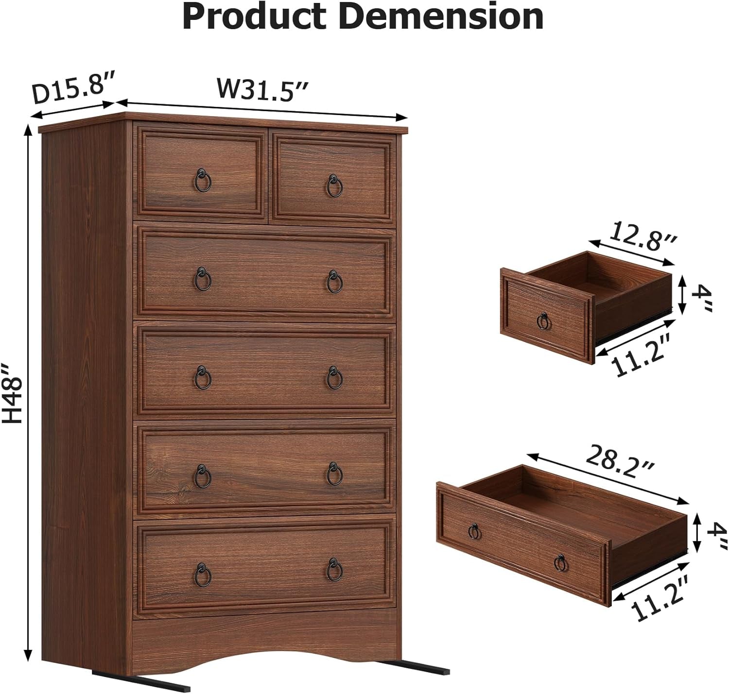 Tall Cherry Engineered Wood Dresser With Six Drawers