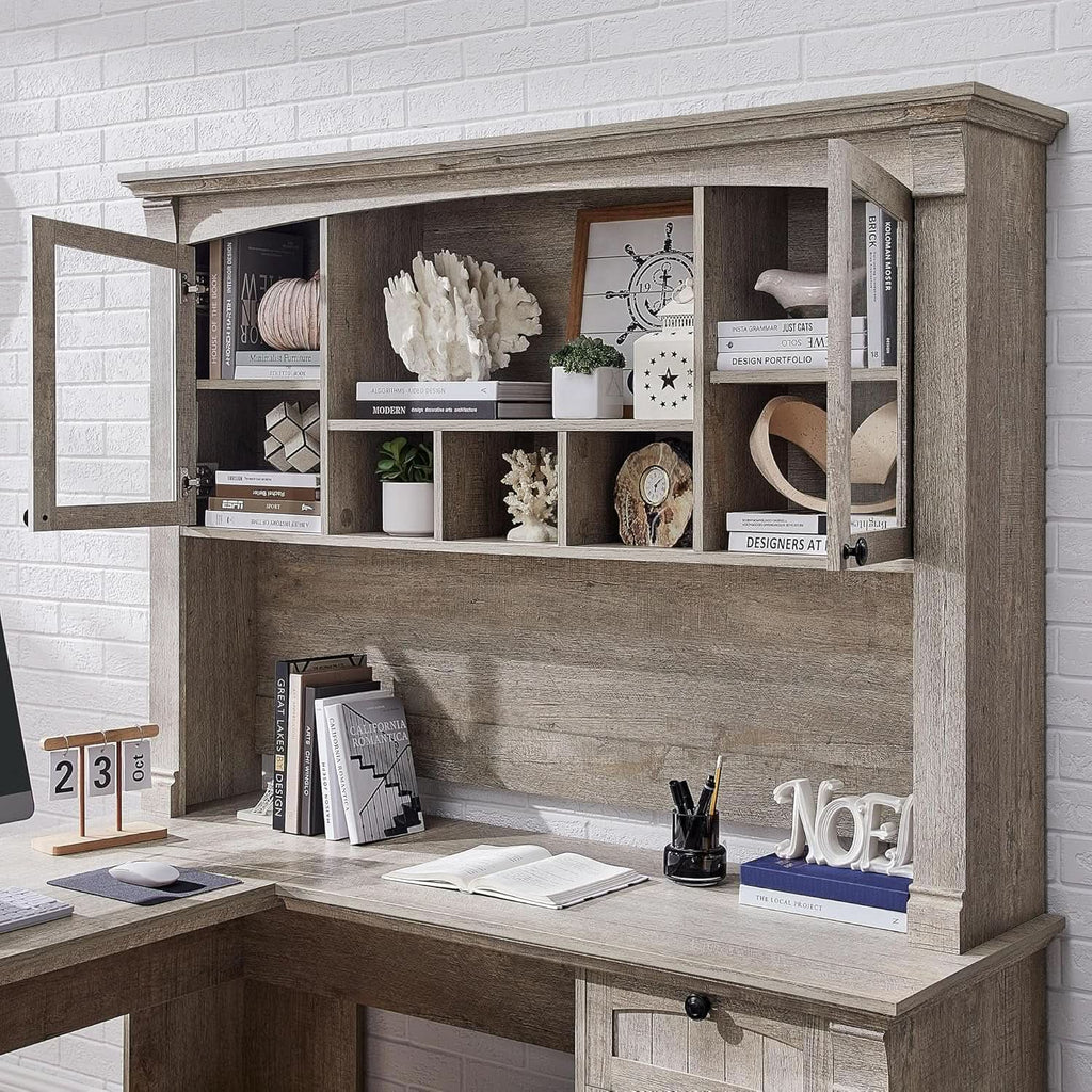 60-Inch L-Shaped Desk With Hutch Light Rustic Oak Finish