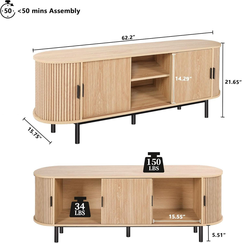 63 Inch Fluted TV Stand With Sliding Doors Natural Walnut Finish