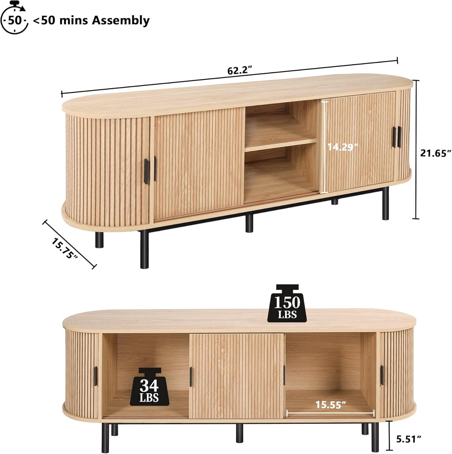 63 Inch Fluted TV Stand With Sliding Doors Natural Walnut Finish