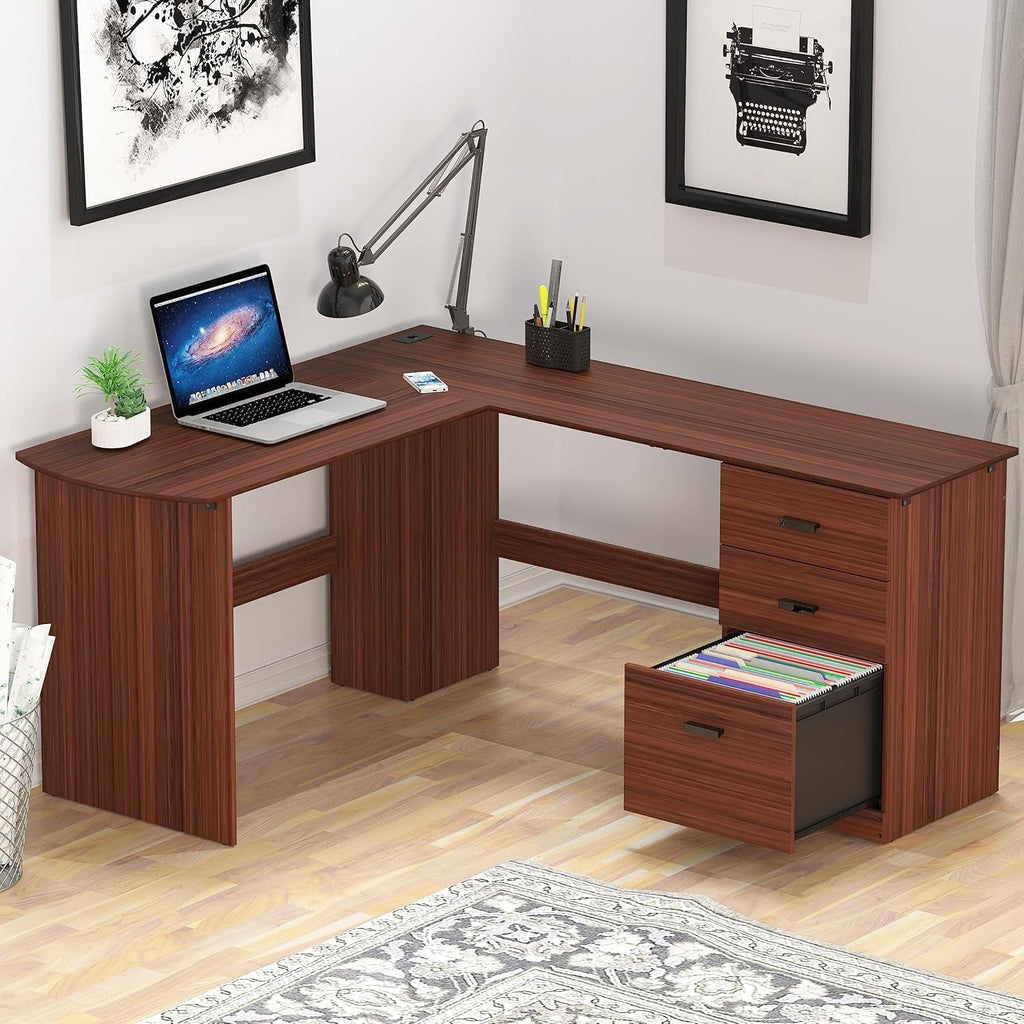 Walnut L Shaped Desk With Integrated Storage Drawers 51x59