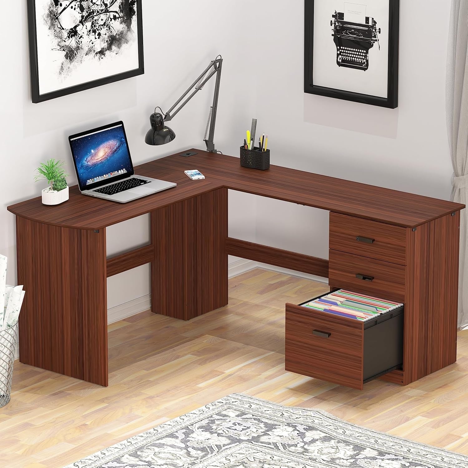 Walnut L Shaped Desk With Integrated Storage Drawers 51x59