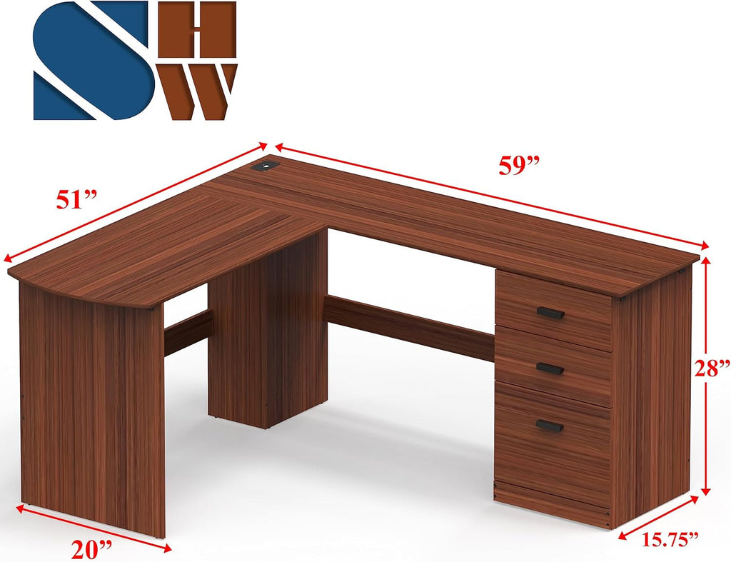 Walnut L Shaped Desk With Integrated Storage Drawers 51x59