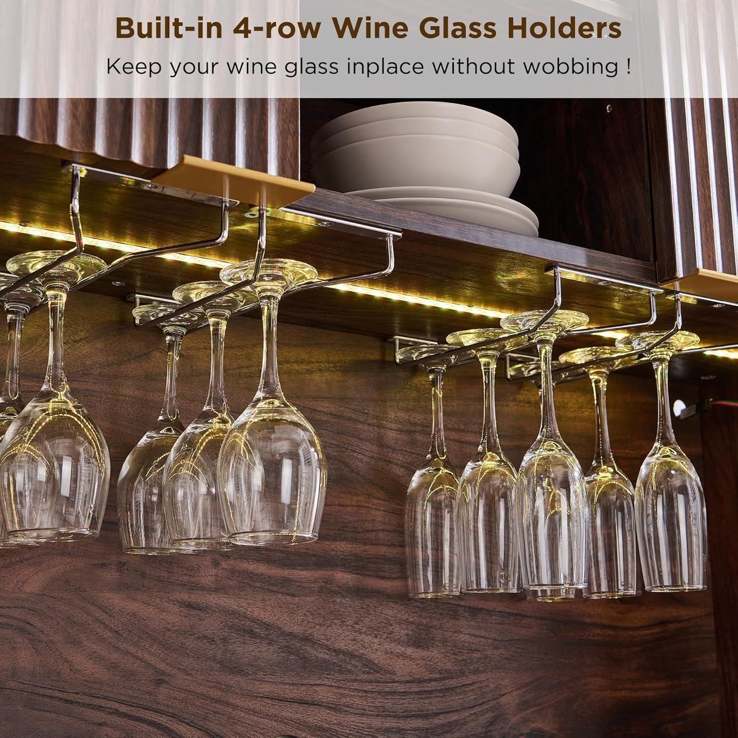 72 Inch Walnut Finish Wine Cabinet Illuminating Display