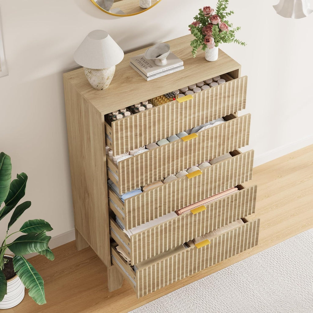 Contemporary Fluted Five Drawer Dresser Architectural Oak