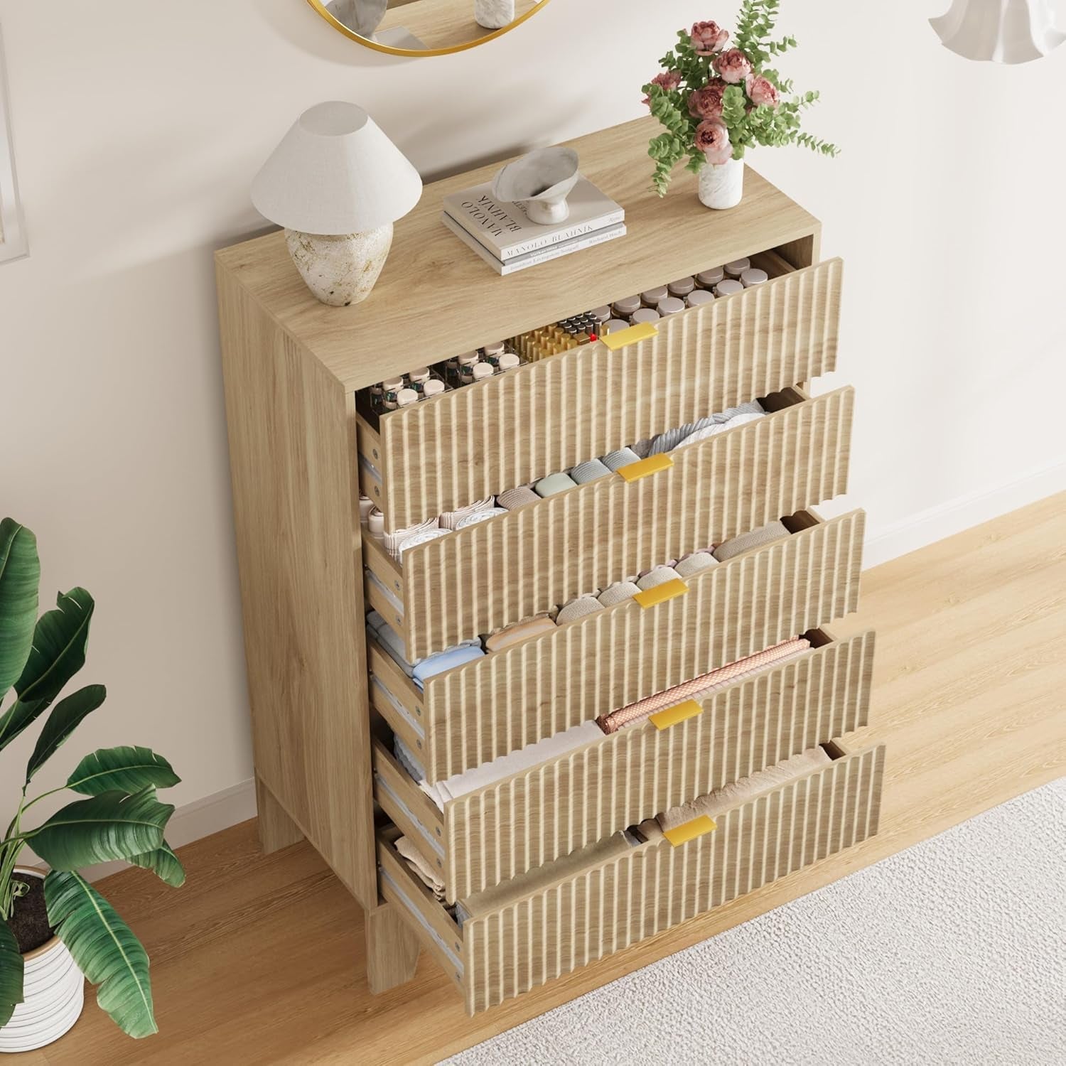 Contemporary Fluted Five Drawer Dresser Architectural Oak
