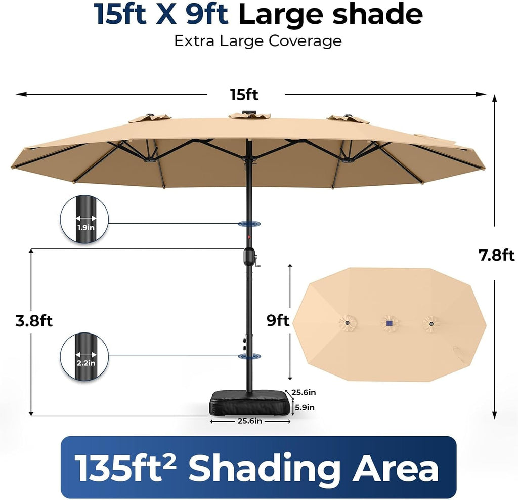Fifteen Foot Double Sided Patio Umbrella Beige Solar LEDs