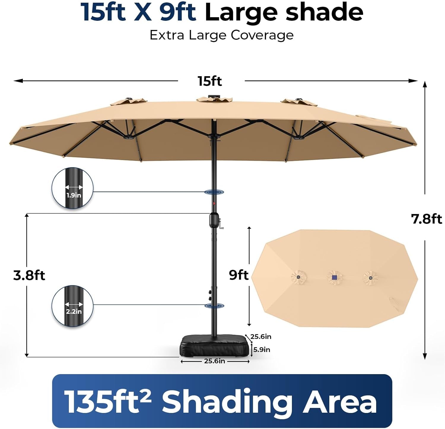 Fifteen Foot Double Sided Patio Umbrella Beige Solar LEDs