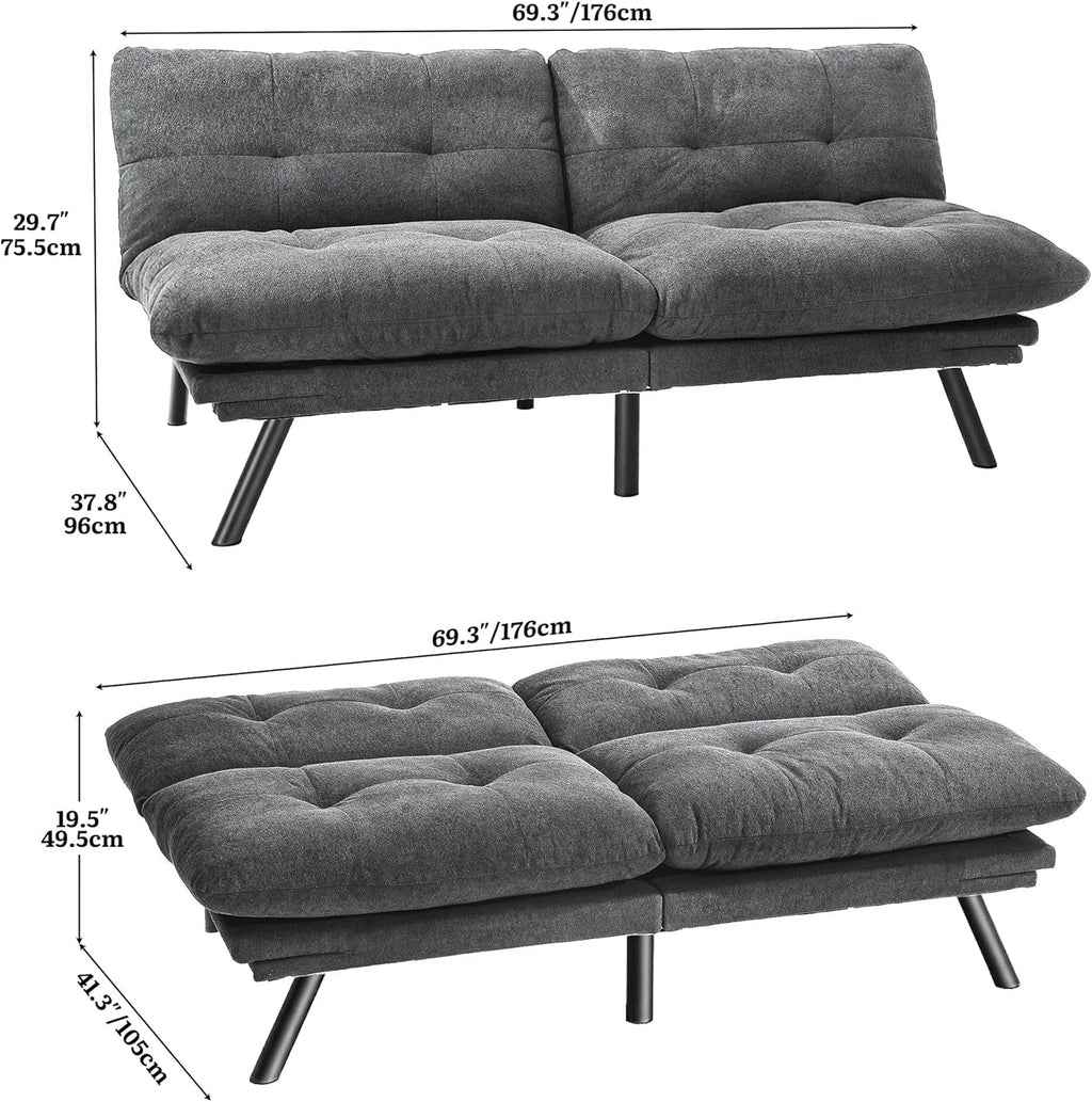 Slate Grey 70 Inch Transformable Futon Sofa Bed Stain Resistant