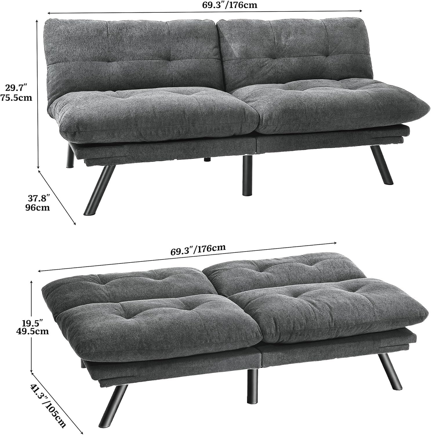 Slate Grey 70 Inch Transformable Futon Sofa Bed Stain Resistant