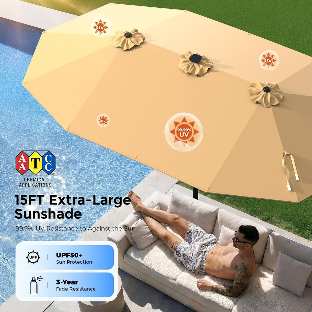 Fifteen Foot Double Sided Patio Umbrella Beige Solar LEDs