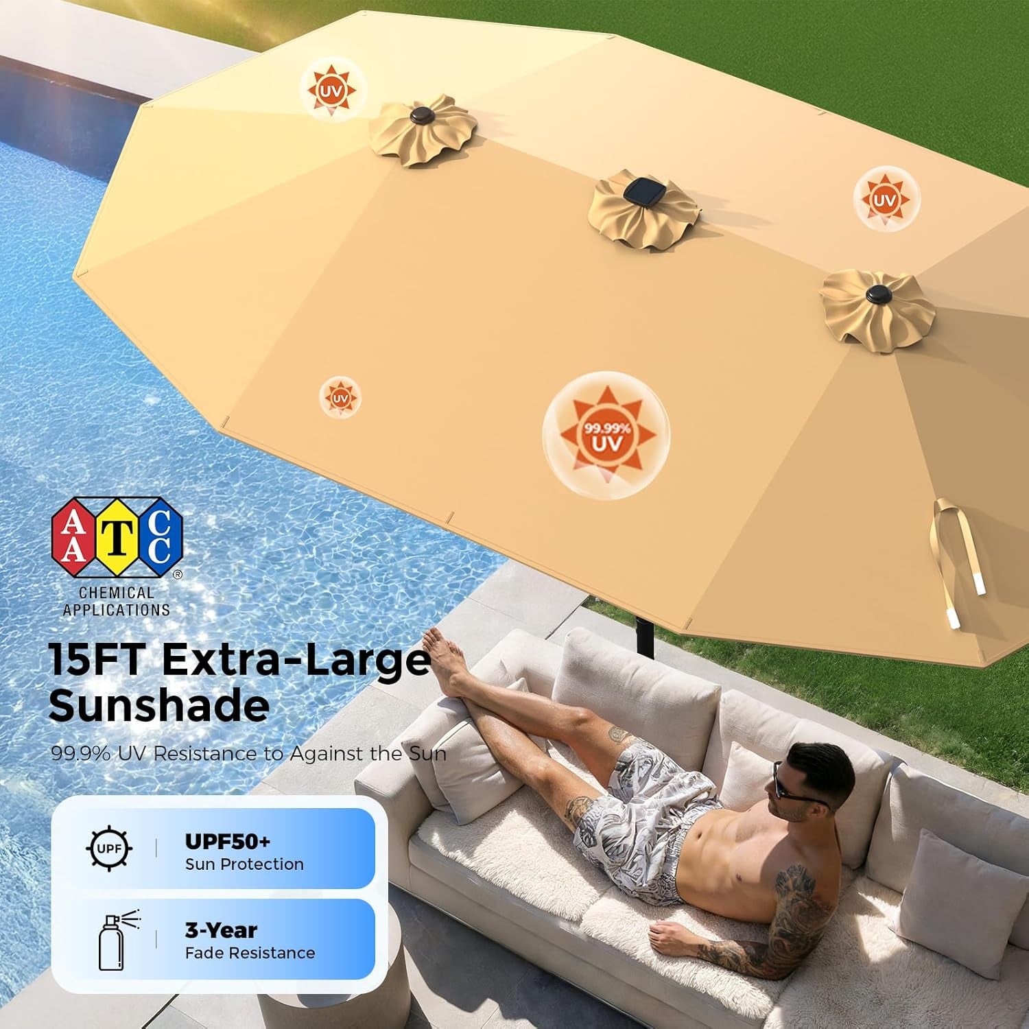 Fifteen Foot Double Sided Patio Umbrella Beige Solar LEDs