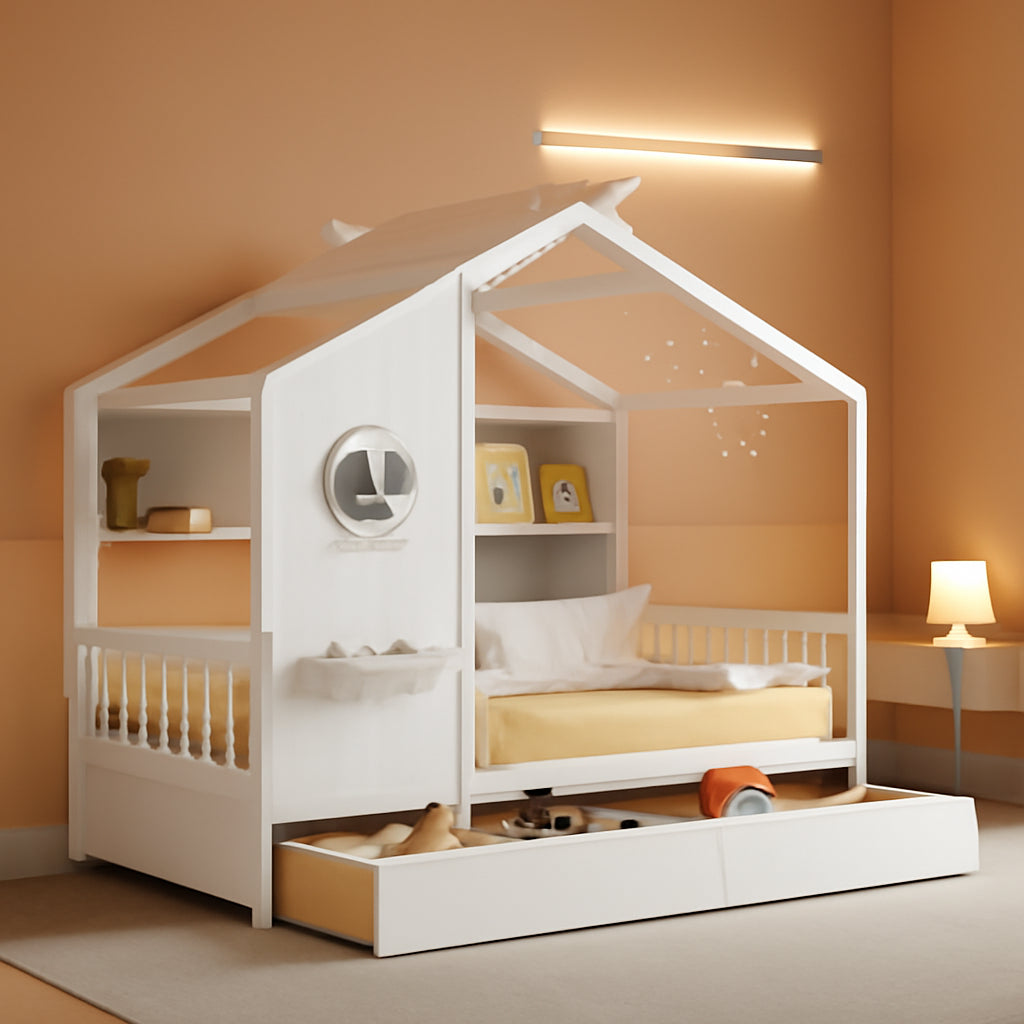 White Twin Size Wooden House Bed Two Under bed Storage Drawers