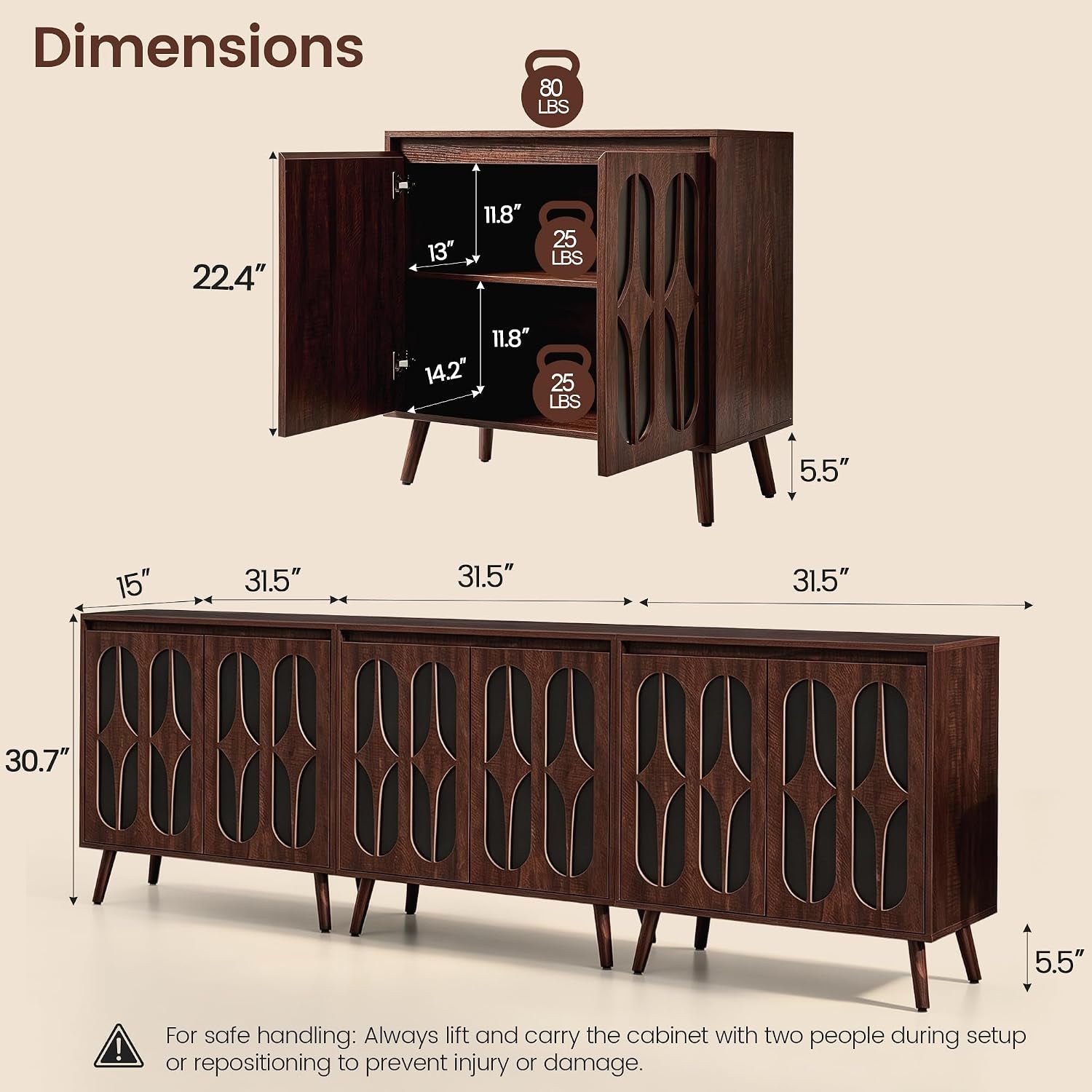 Walnut Finished Sideboard Cabinet 94.5 Inches Width